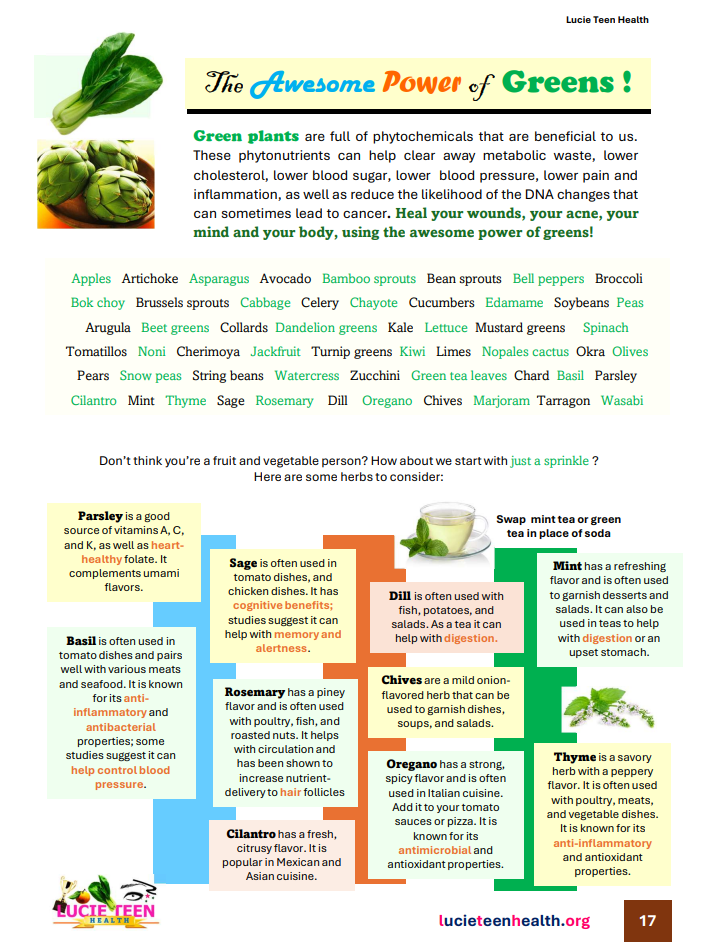 list of green fruits, vegetables and herbs. subject: teen nutrition